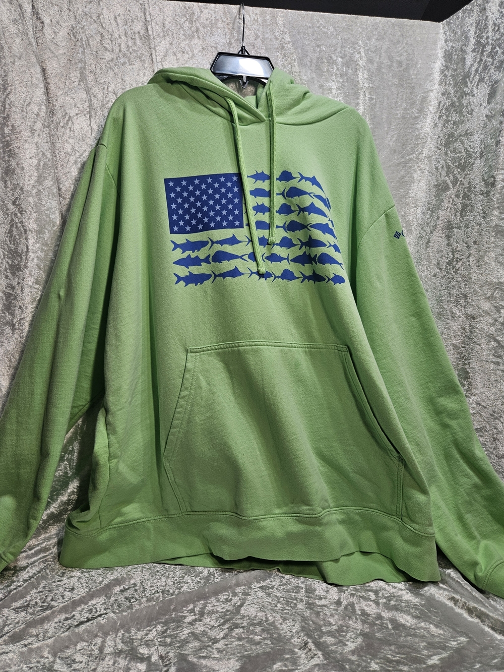 Green Graphic Hoodie with Blue Flag Fish Print, XXL